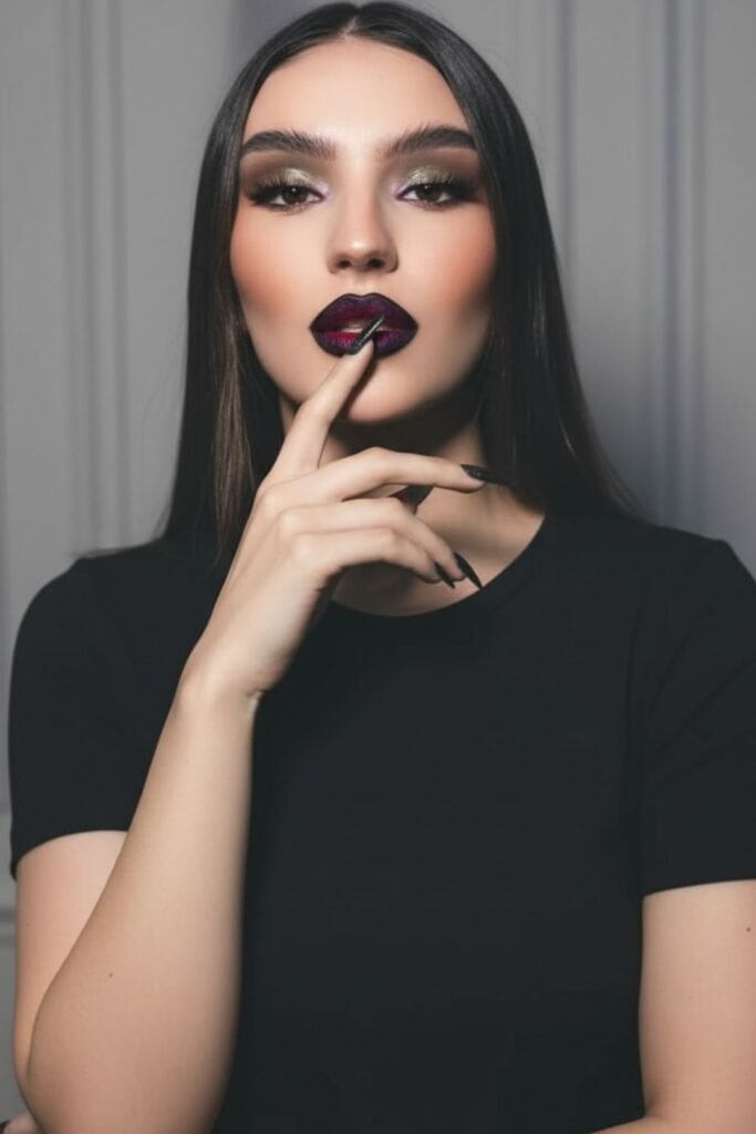 Deep Plum Lipstick with Metallic Shadow