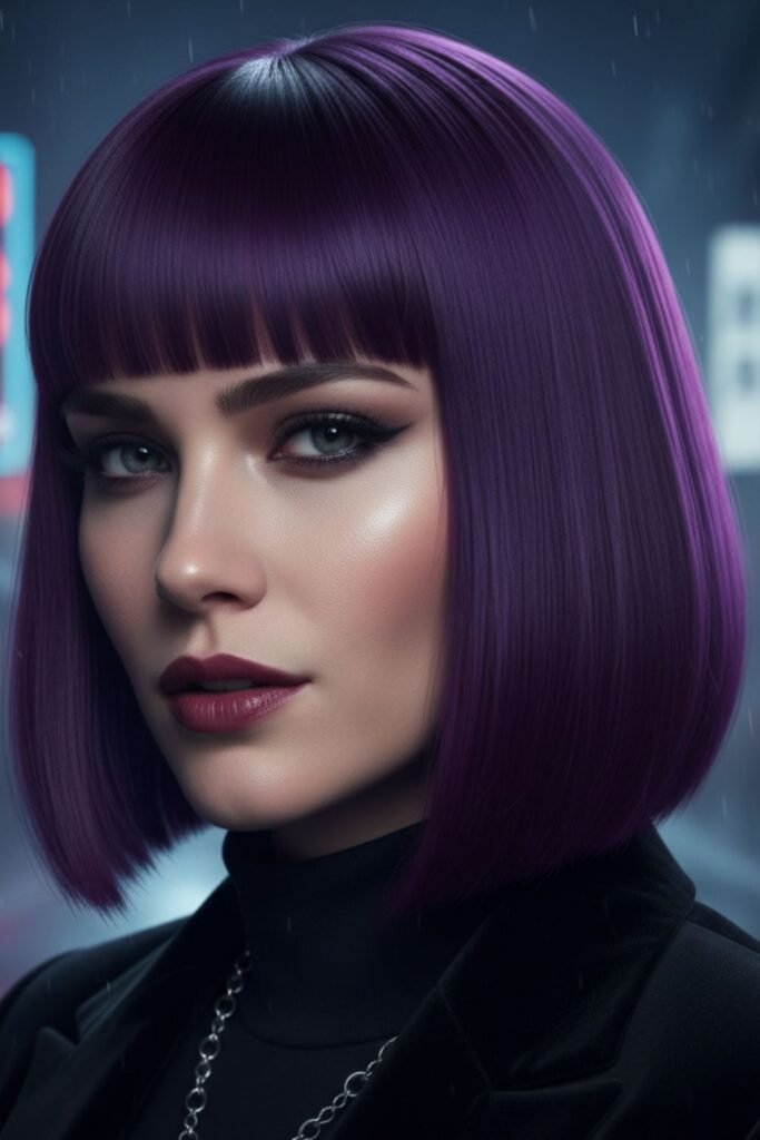Deep Purple Bob With Blunt Bangs