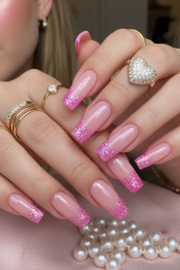 French Barbiecore Nails with Glitter