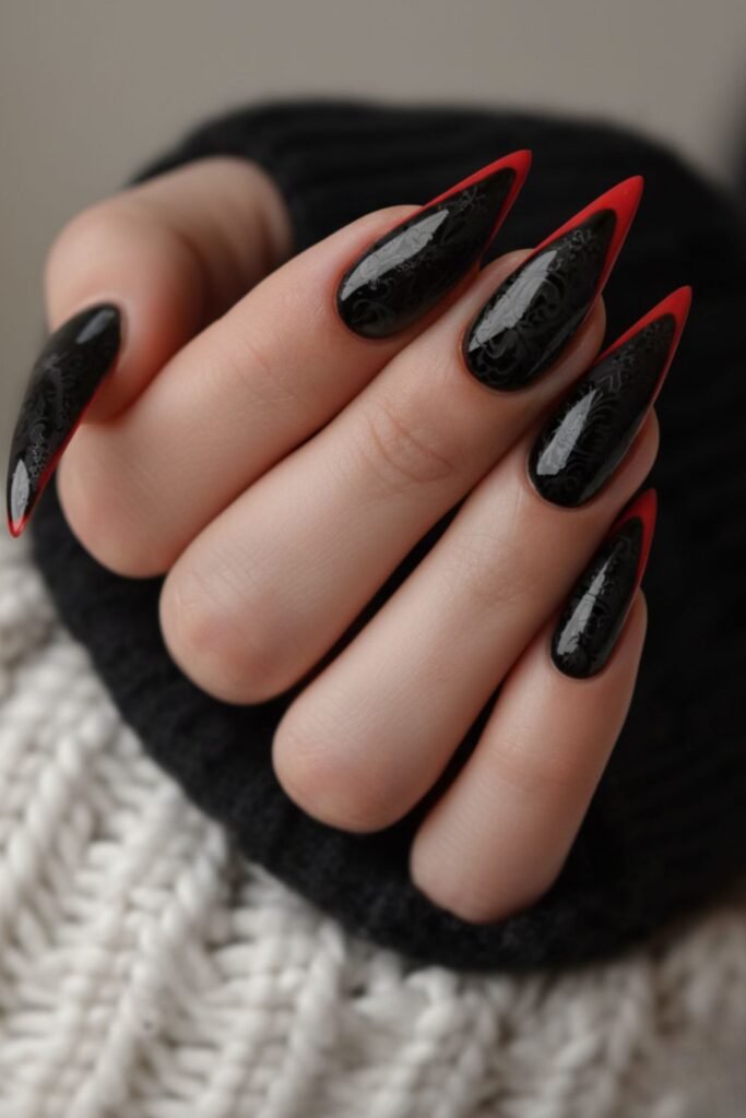 Glossy French-Tip Goth Christmas Nails