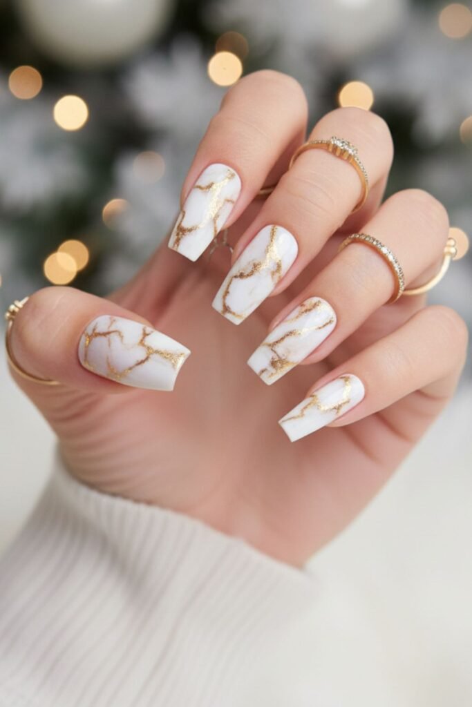 Gold and White Marble Nails