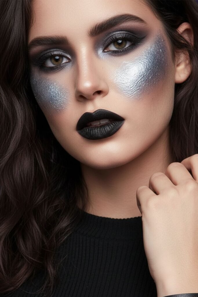 Gothic-Inspired Black Lipstick with Shimmer Cheeks