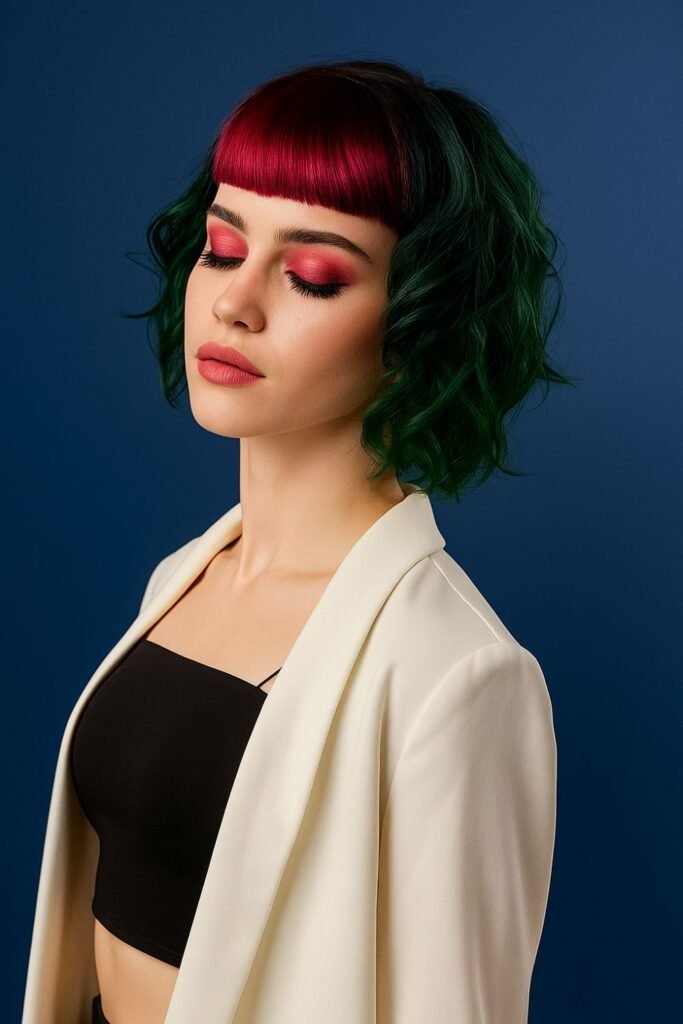 Green Curly Bob With Magenta Bangs