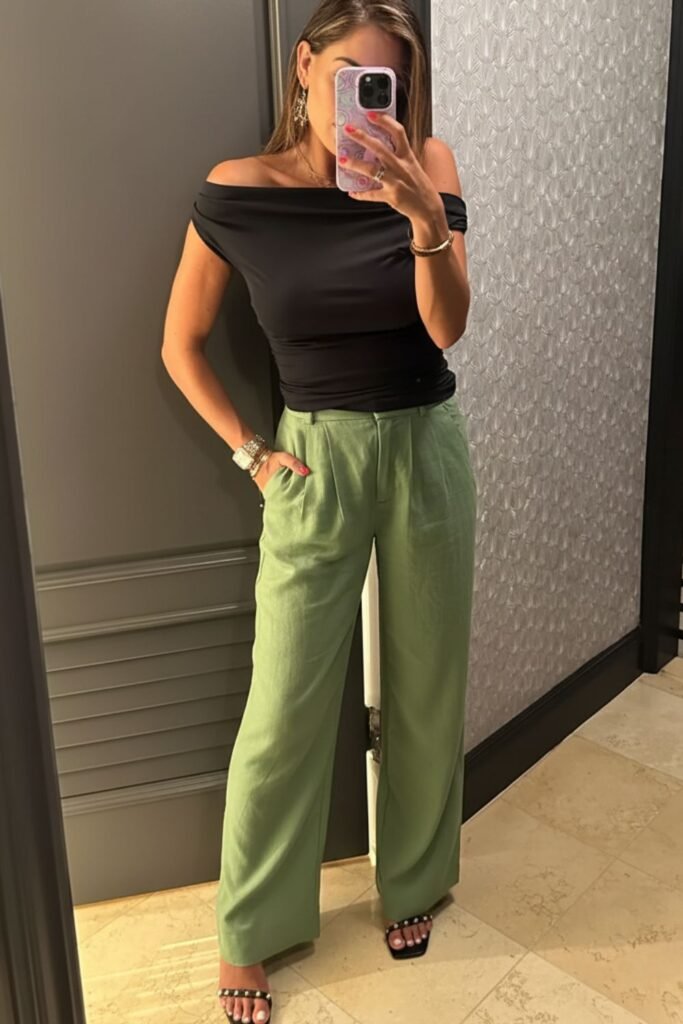 Green Linen Pants With Black Off-Shoulder Top