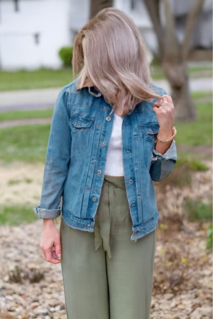 Green Linen Pants With Denim Jacket And Tank Top