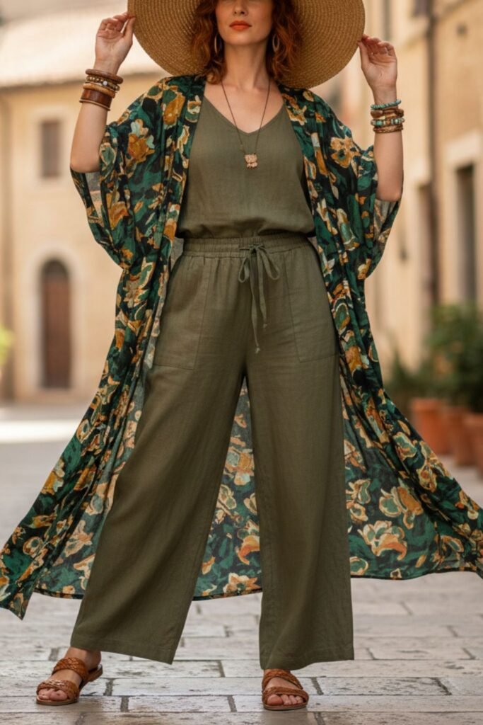 Green Linen Pants With Kimono