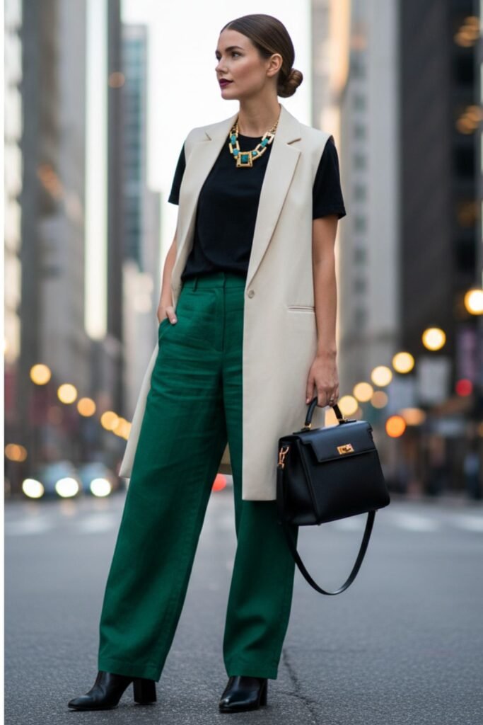 Green Linen Pants With Longline Vest