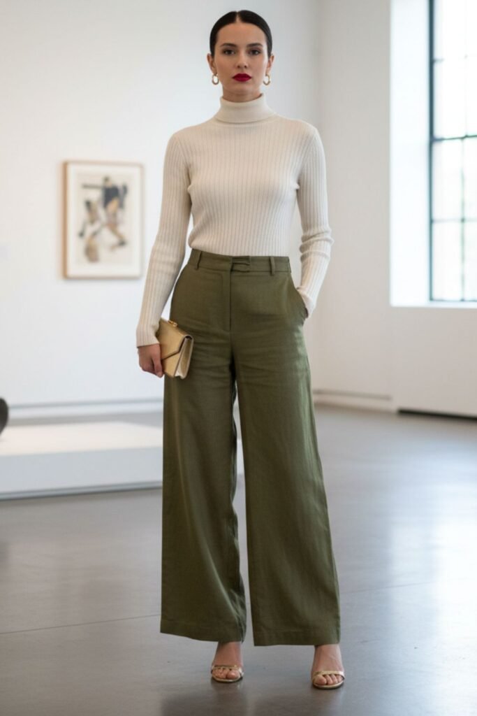 Green Linen Pants With Turtleneck
