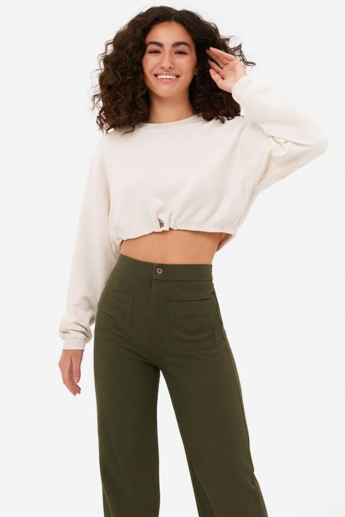 High-Waisted Green Linen Pants With White Crop Top
