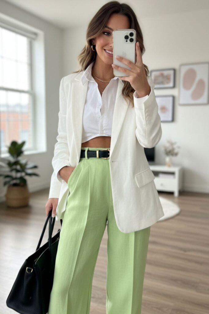 Light Green Linen Pants With White Blazer