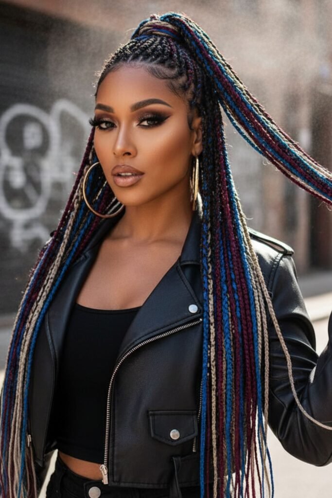 Long Knotless Braids with Color Streaks