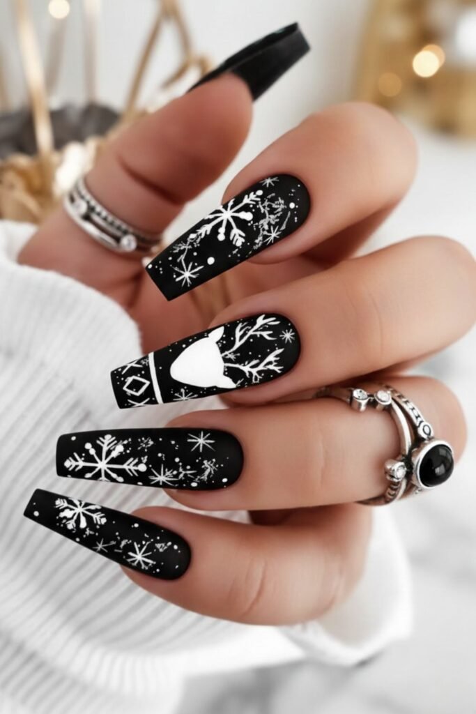 Matte Black Gothic Snowflake Nails