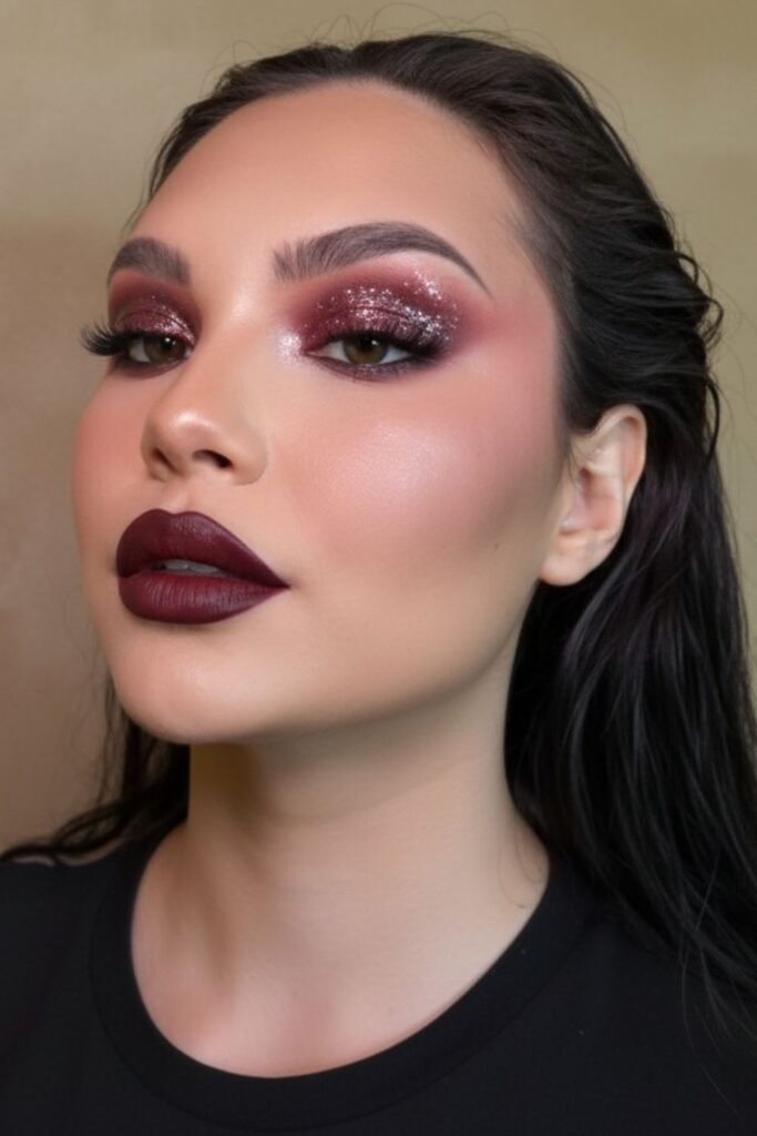 Metallic Burgundy Eyes with Wine-Colored Lips