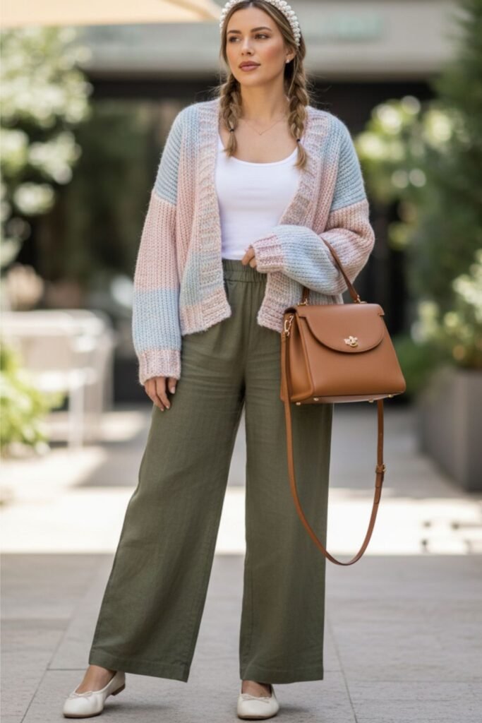 Olive Green Linen Pants With Pastel Cardigan