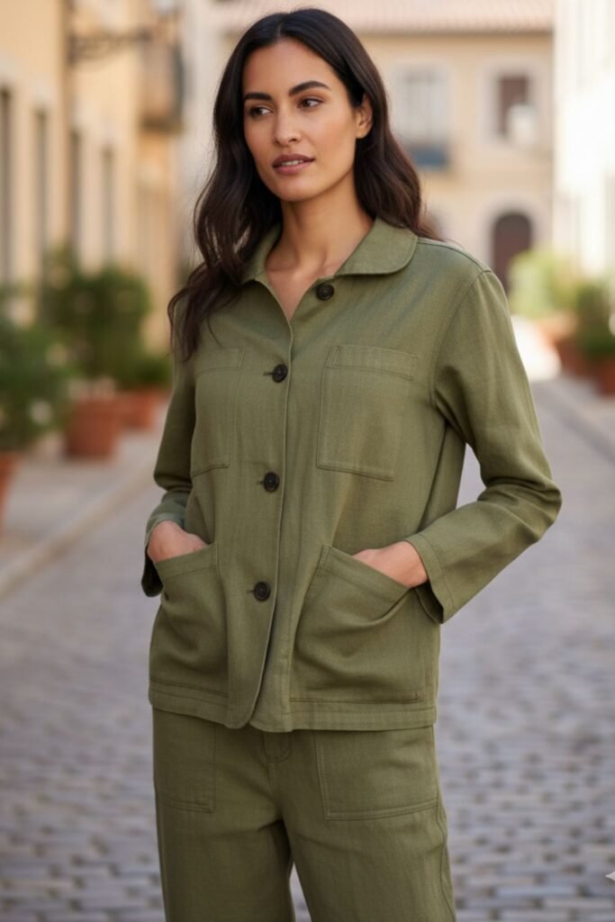 Olive Green Linen Pants With Utility Jacket