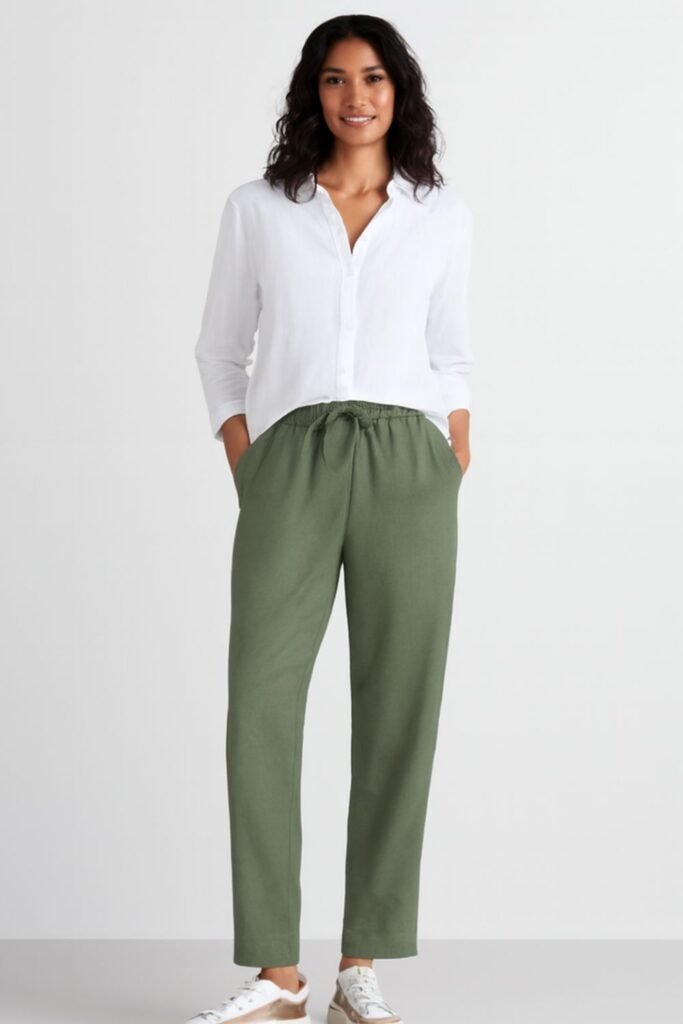 Olive Green Linen Pants With White Linen Shirt 