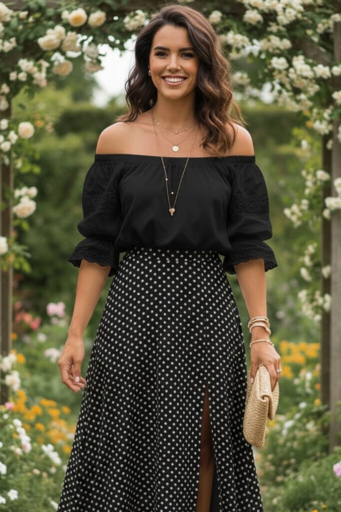 Polka Dot Skirt with Off-Shoulder Blouse