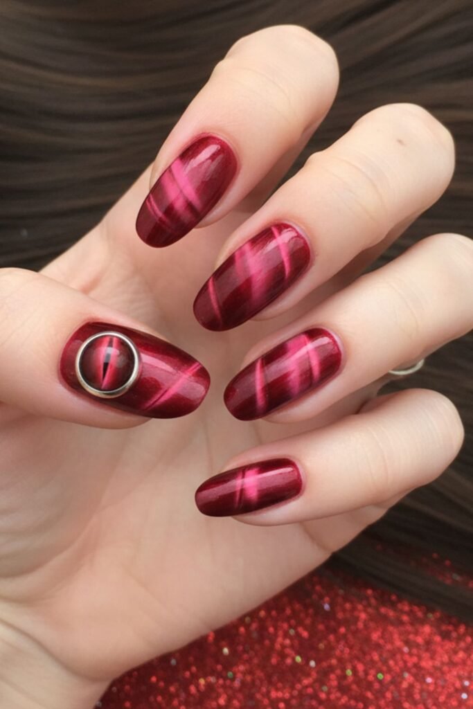 Red Cat’s Eye Christmas Manicure