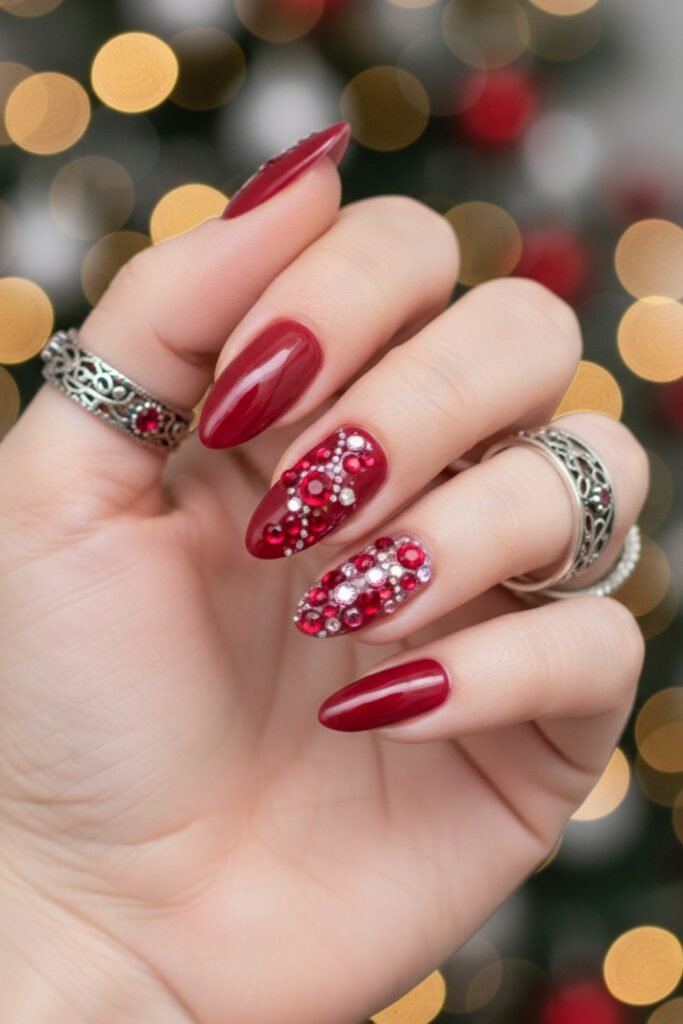 Red Rhinestone Accent Nails