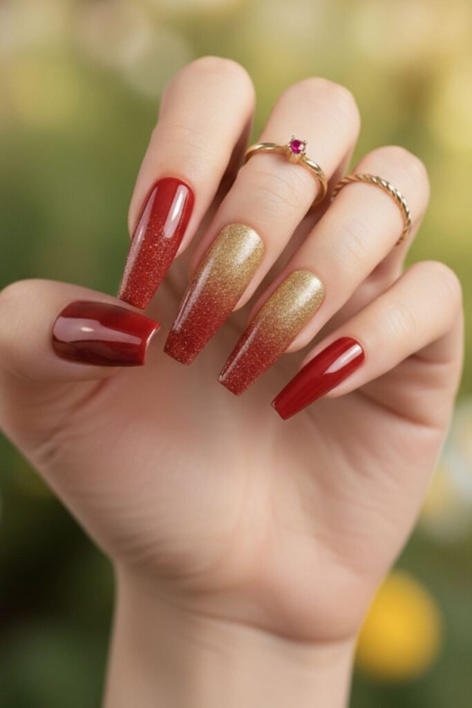 Red and Gold Ombre Nails