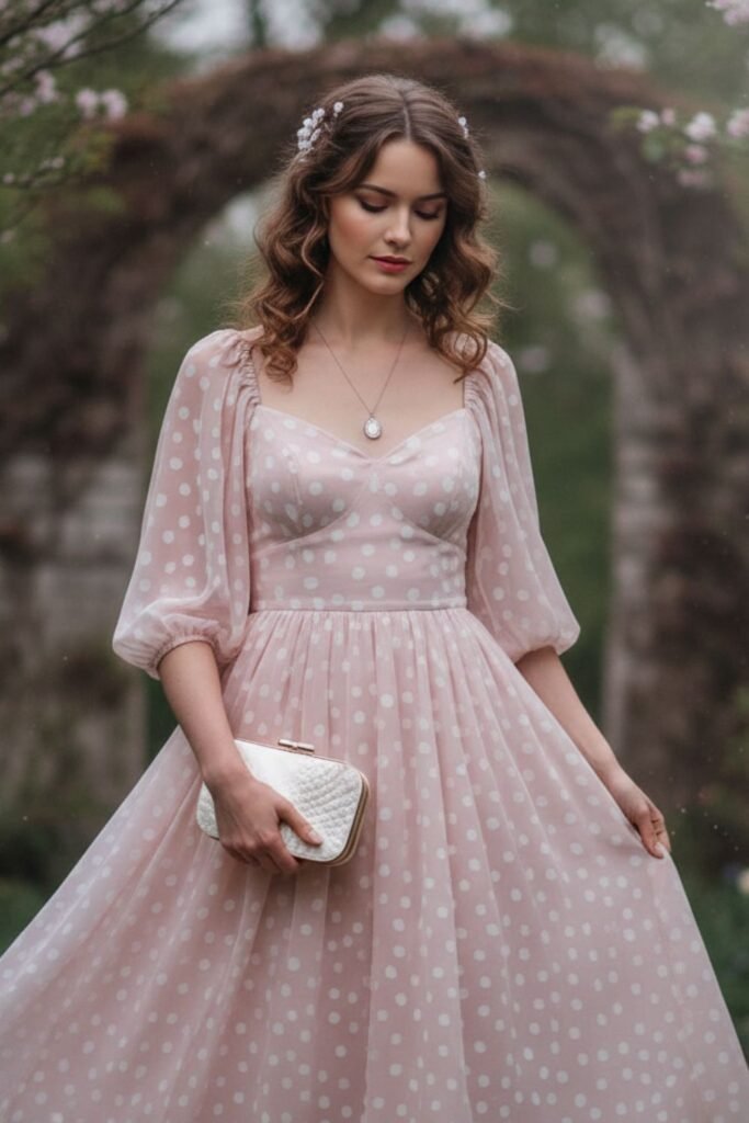 Romantic Polka Dot Dress with Sleeves