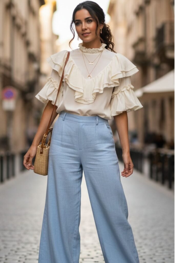 Ruffled Blouse with Wide-Leg Pants