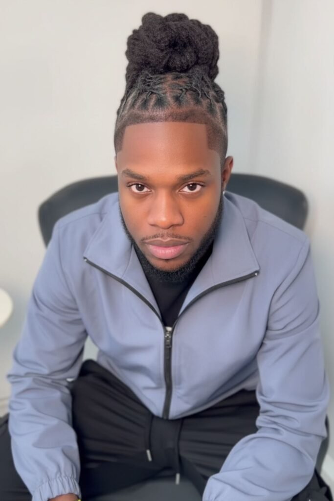 Short Loc Bun with Taper Fade