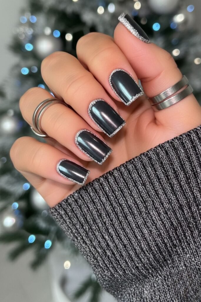 Silver-Tipped Black Christmas Nails