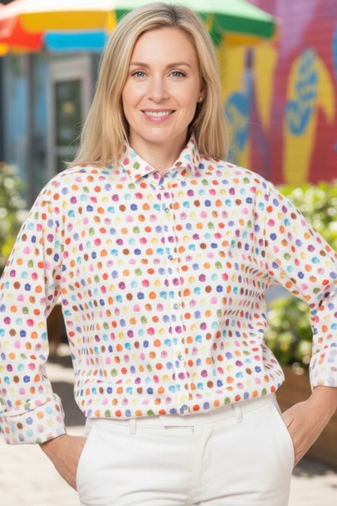 Vibrant, Colorful Polka Dot Top Look