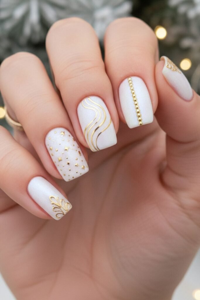 White & Gold Christmas Nails