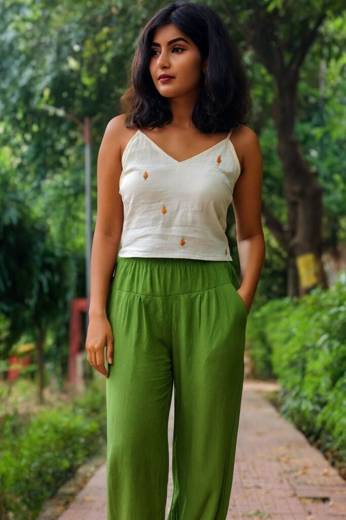 Wide-Leg Green Linen Pants With Silk Camisole