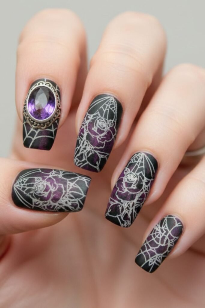 Witch Gothic Nails with Silver Spiderwebs