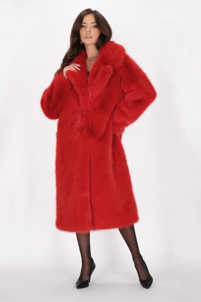 Woman in a knee-length red faux fur coat with black tights