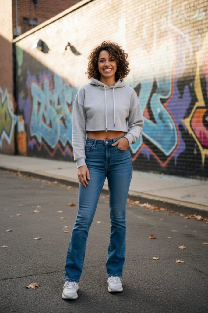 Bootcut Jeans with a Cropped Hoodie and Sneakers