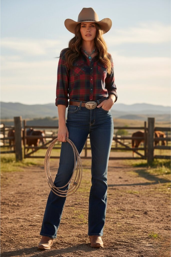 Bootcut Jeans with a Plaid Shirt and Cowboy Boots