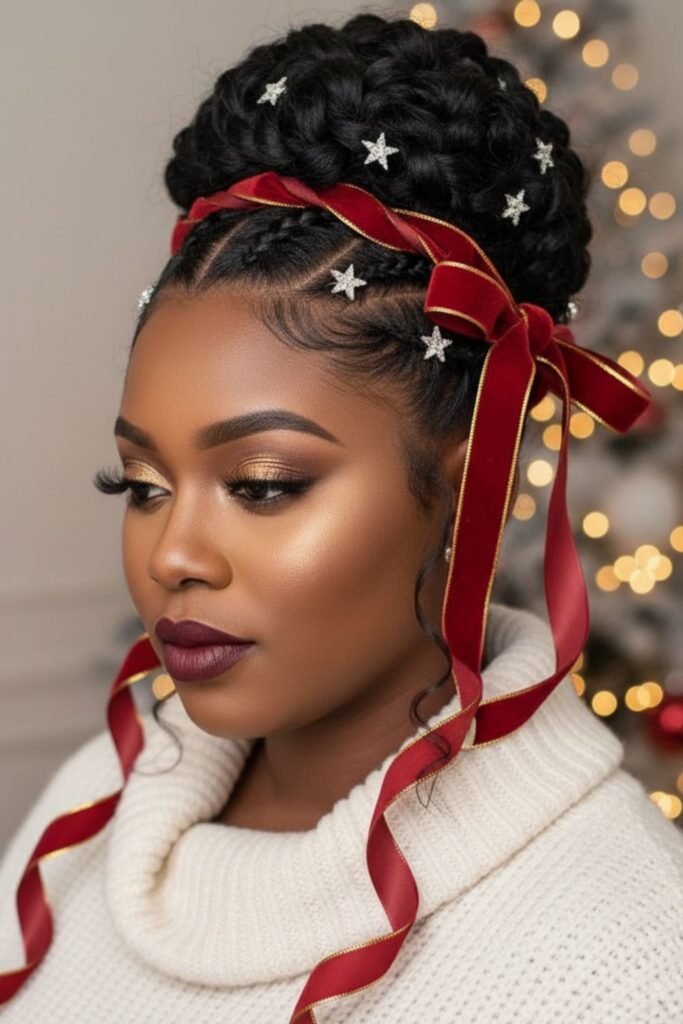 Braided Bun with Christmas Ribbon Wrap