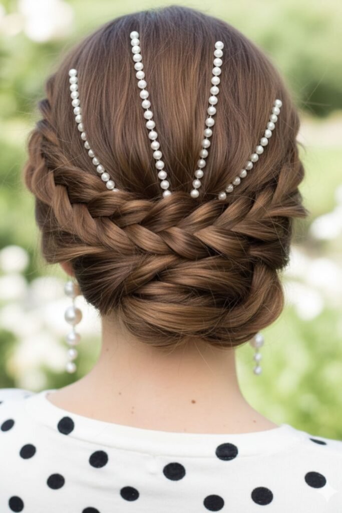 Braided Crown Updo with Pearl Pins