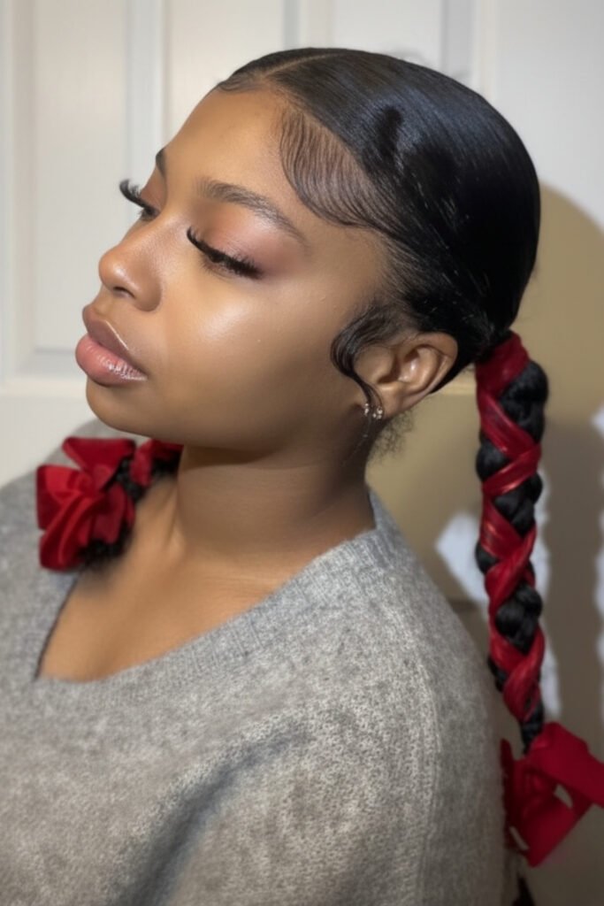 Braided Ponytail With Red Holiday Ribbons