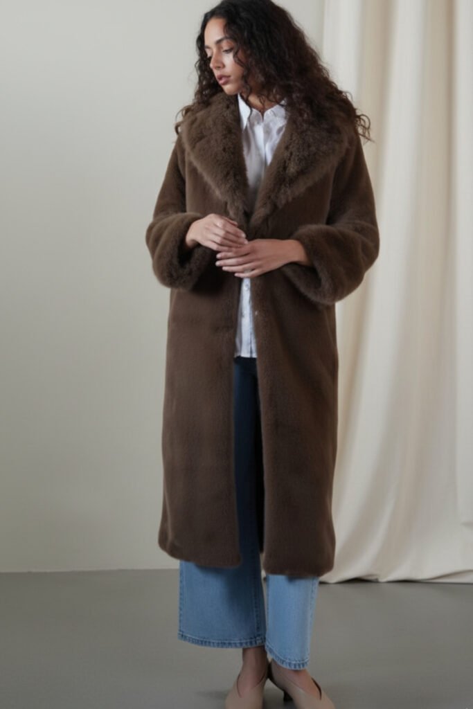 Woman in a long brown teddy coat with jeans