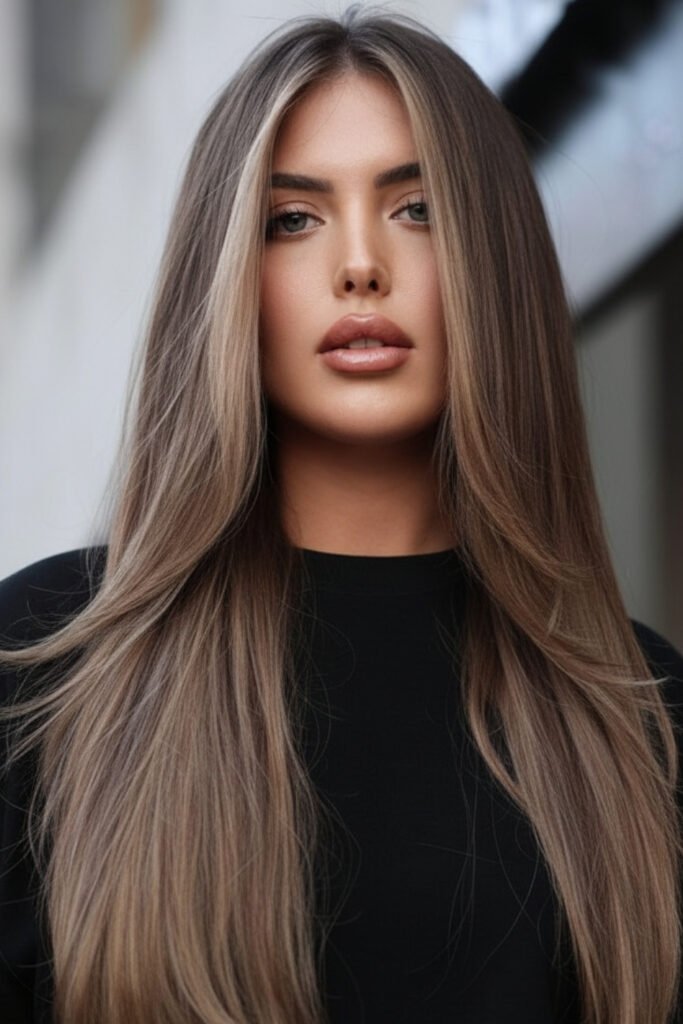 Cool Chocolate Ash Brown Hair with Face-Framing Highlights