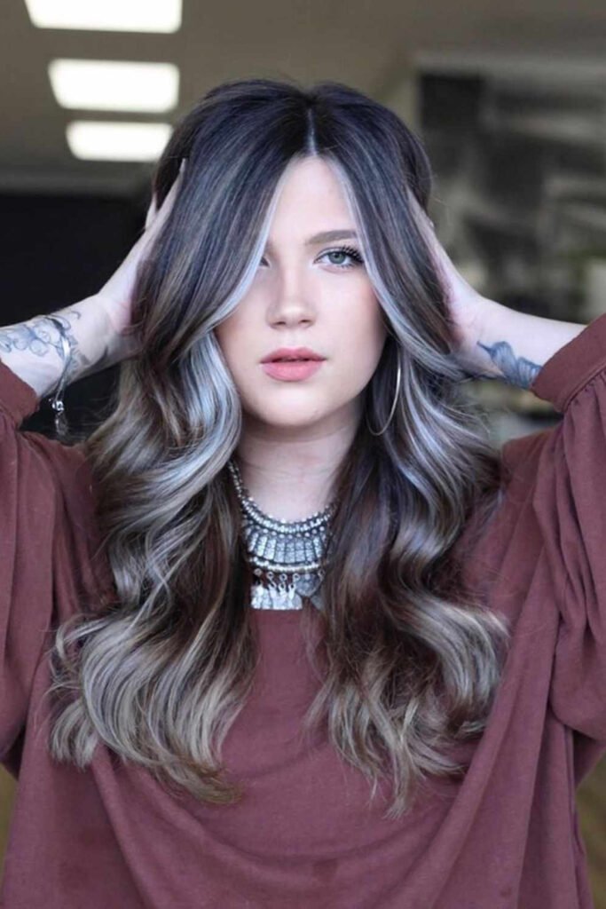 Dark Ash Brown Hair with Silver-Tinged Balayage