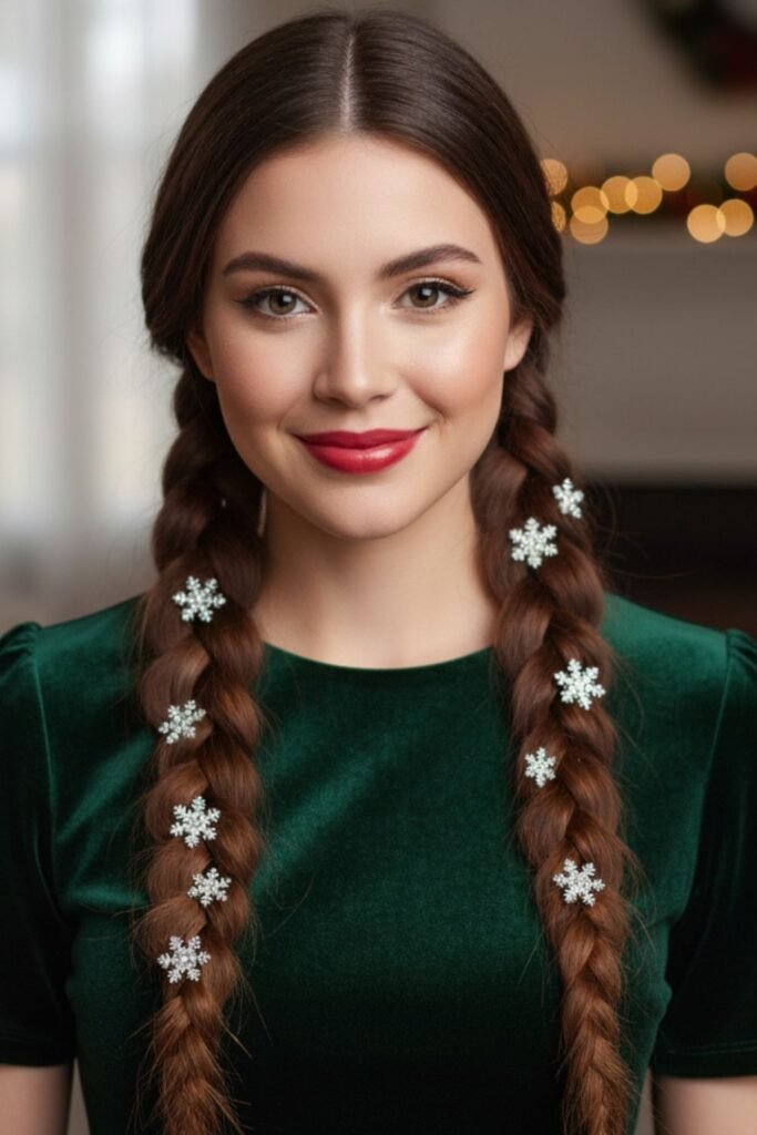 Double Fishtail Braids with Snowflake Pins