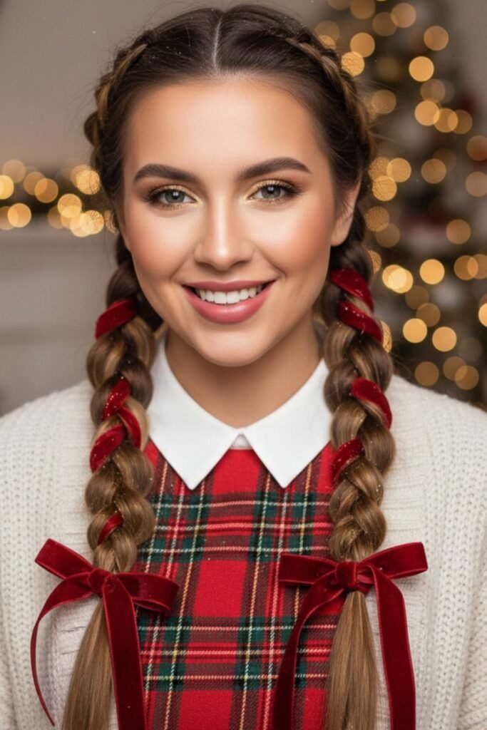 Dutch Braided Pigtails with Velvet Ribbons