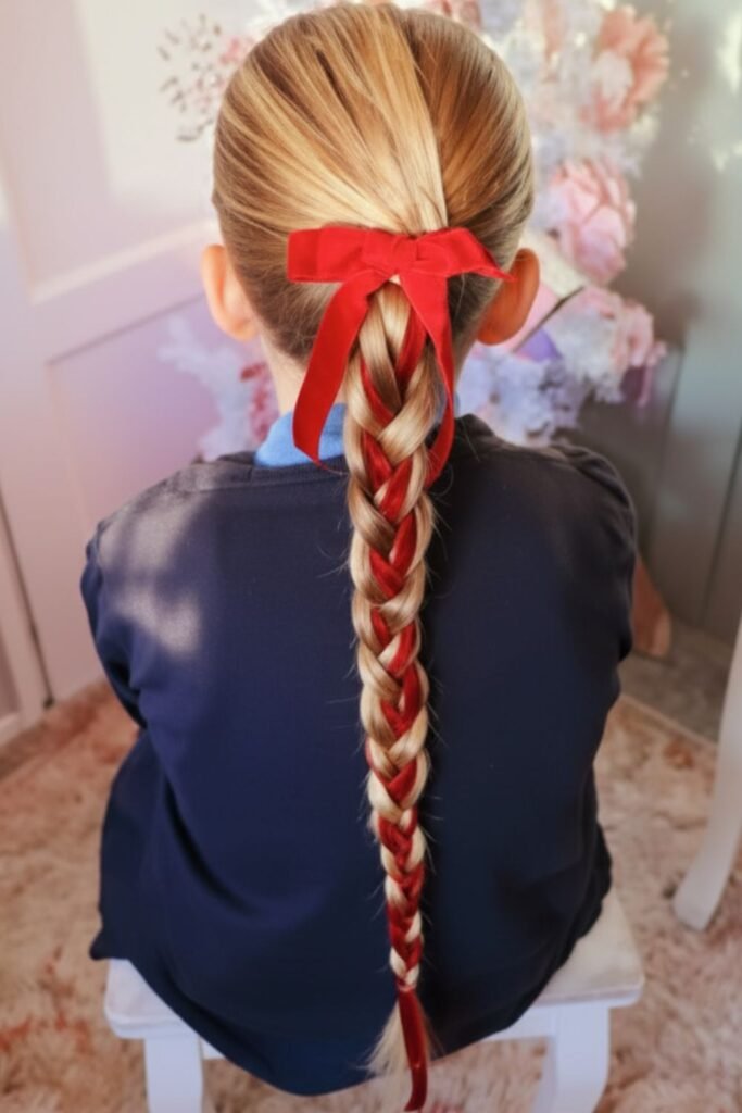 French Braid Low Ponytail with Christmas Ribbon