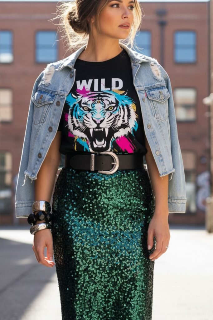 Green Sequin Pencil Skirt with Graphic Tee