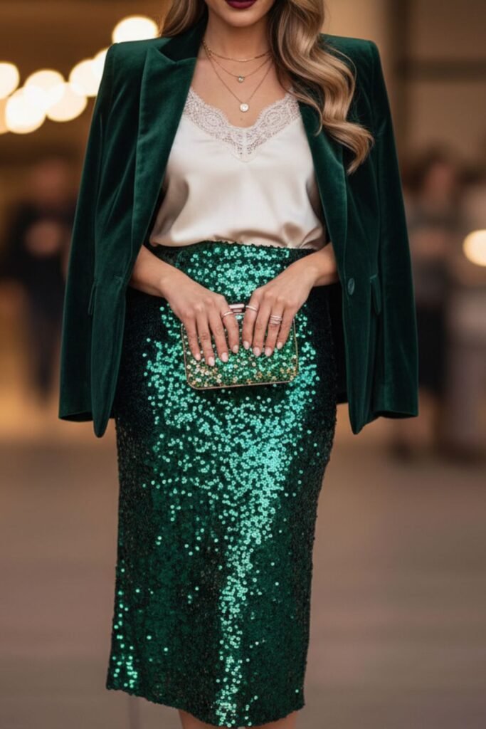 Green Sequin Skirt with Blazer