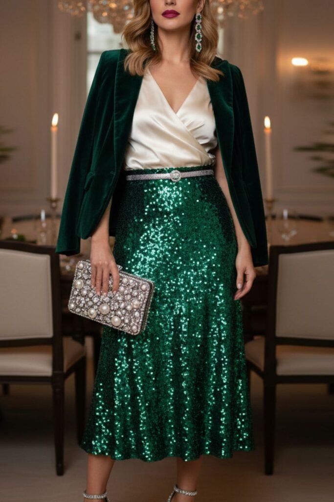 Green Sequin Skirt with Embellished Clutch