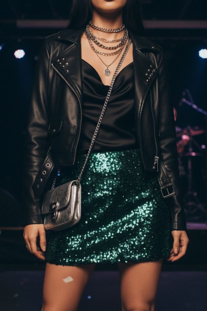 Green Sequin Skirt with Leather Jacket