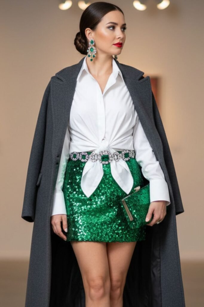 Green Sequin Skirt with Oversized White Shirt