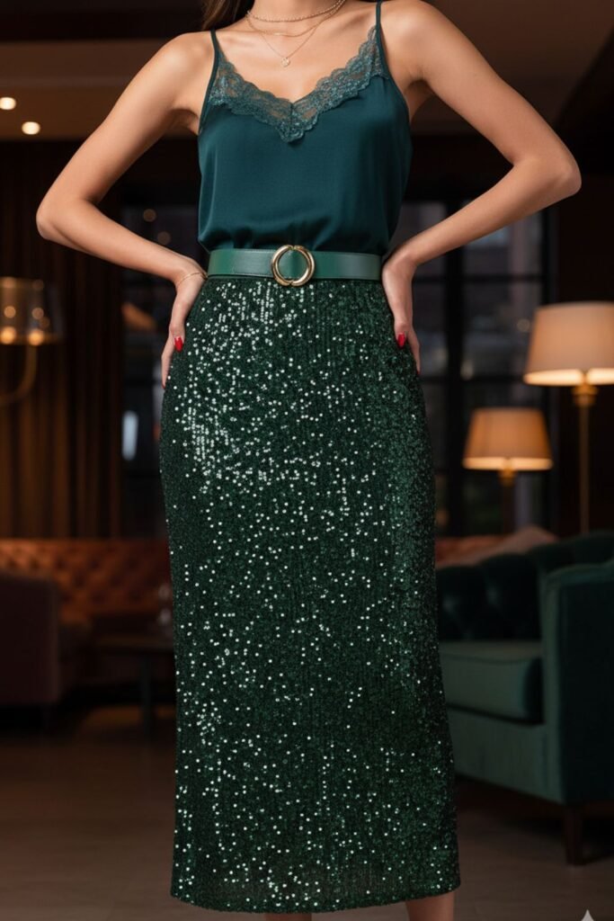 Green Sequin Skirt with Statement Belt